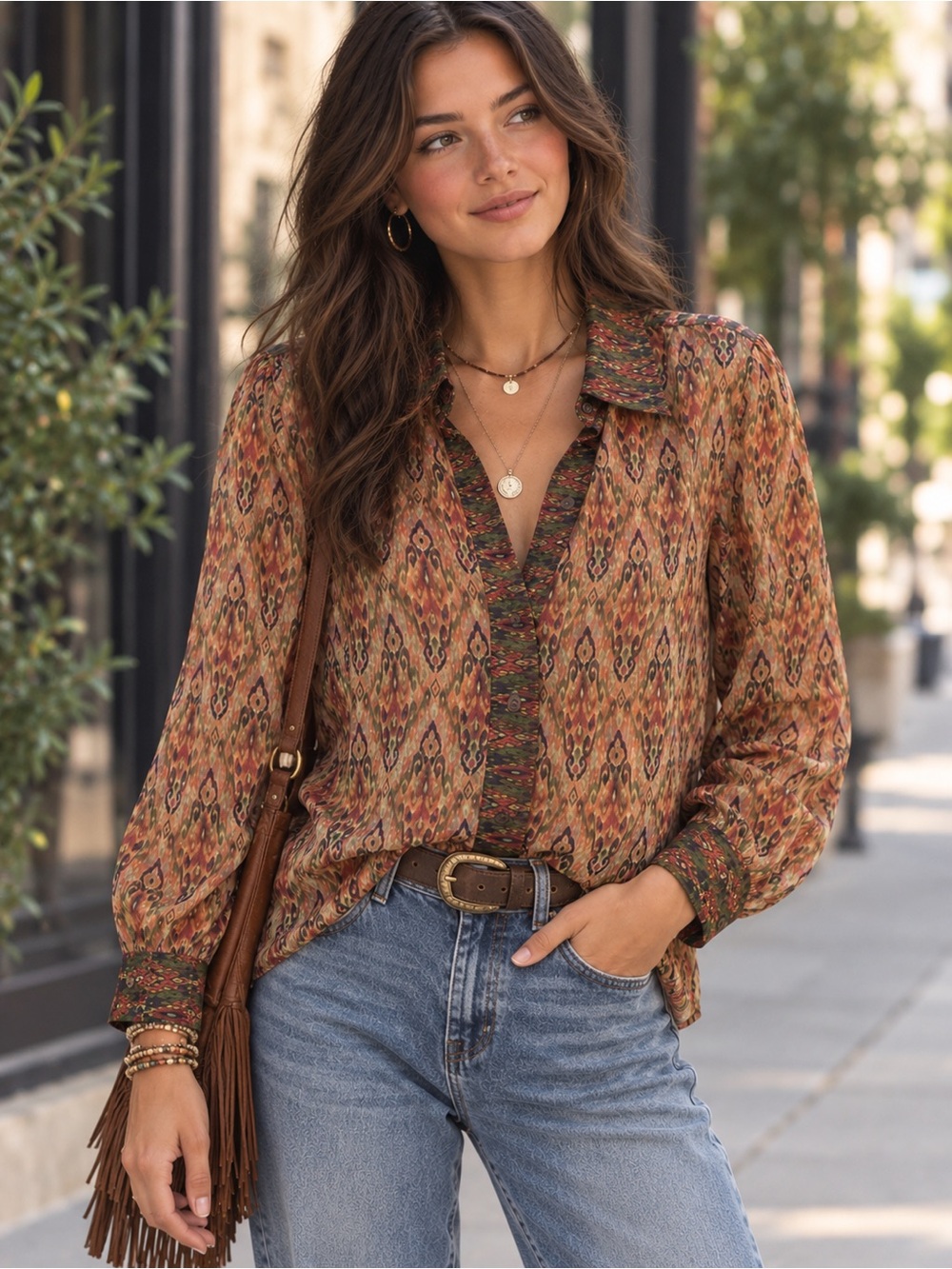 Liverpool Los Angeles Sheer Ikat Fall Boho Southwestern Button Down Blouse Top M
